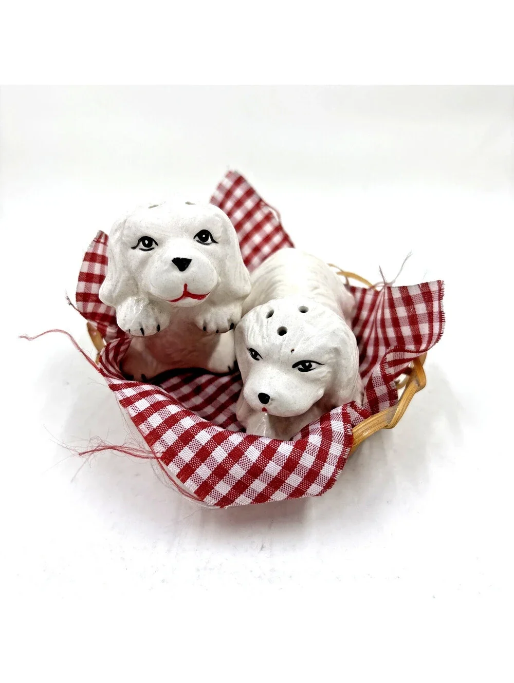 RARE Vintage Salt And Pepper Shakers Dog’s in a basket with red gingham fabric